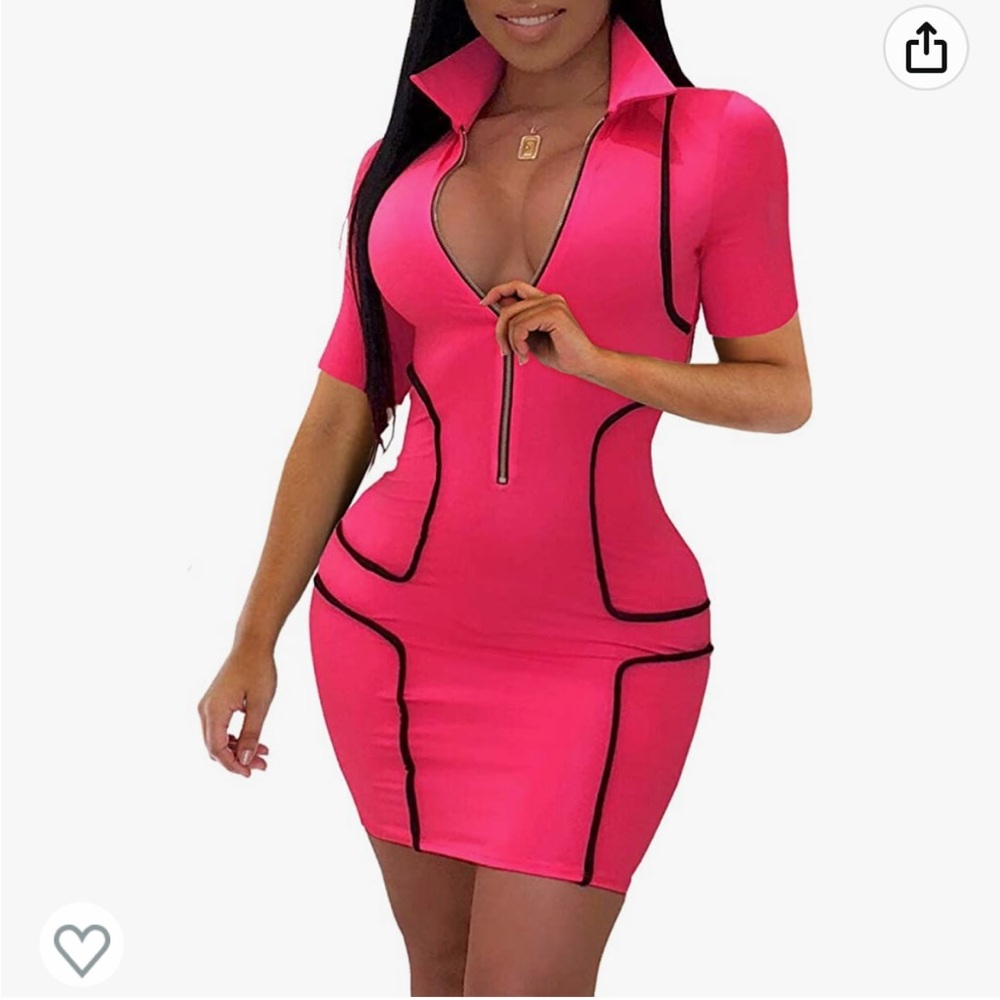 Zip up pink bodycon dress sexy club